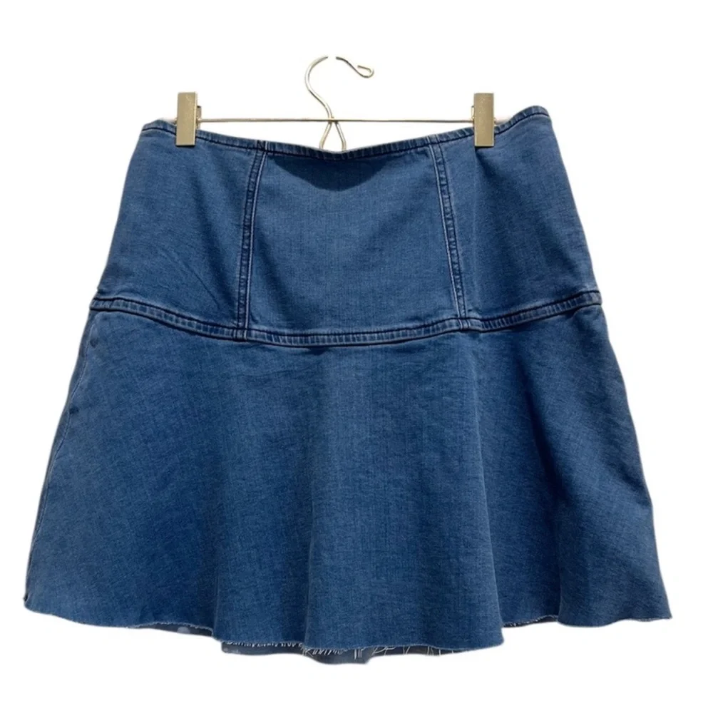 Free People Highlands Denim Blue Asymmetrical Skater Mini Skirt Raw Hem Y2K 90s